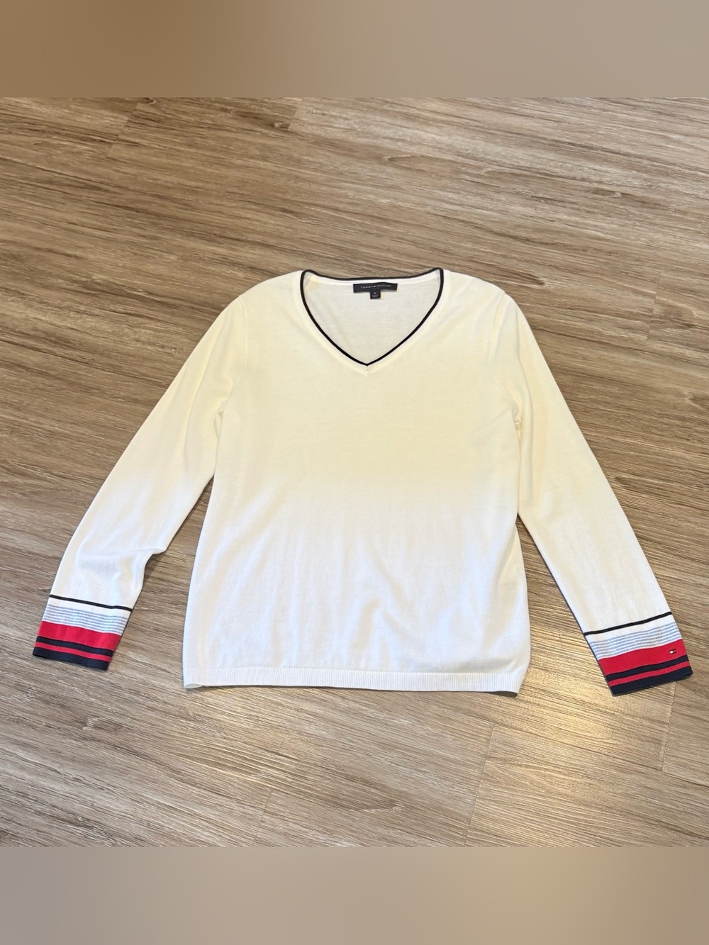 Tommy Hilfiger White V-Neck Sweater with Red & Navy Stripe Cuffs